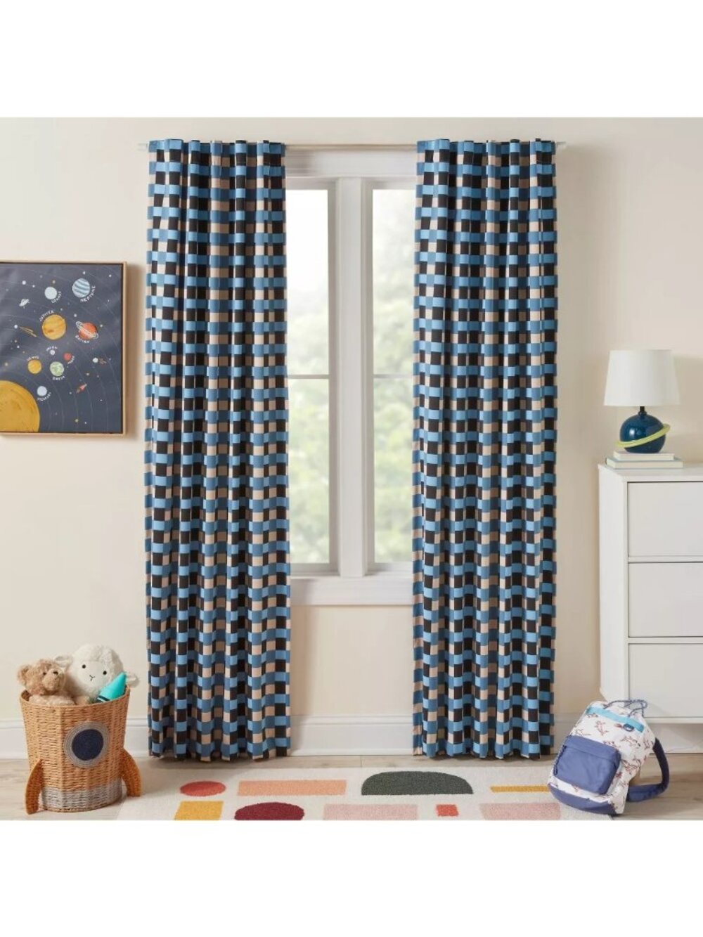 Pillowfort Blue Checkered Weave Single Blackout & Lined Curtain Panel 42" x 84"